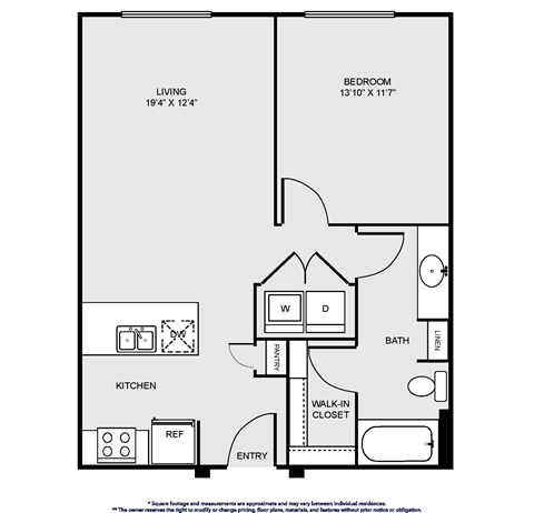 Floor plan for 1 bed, 1 bath, 845 sqft